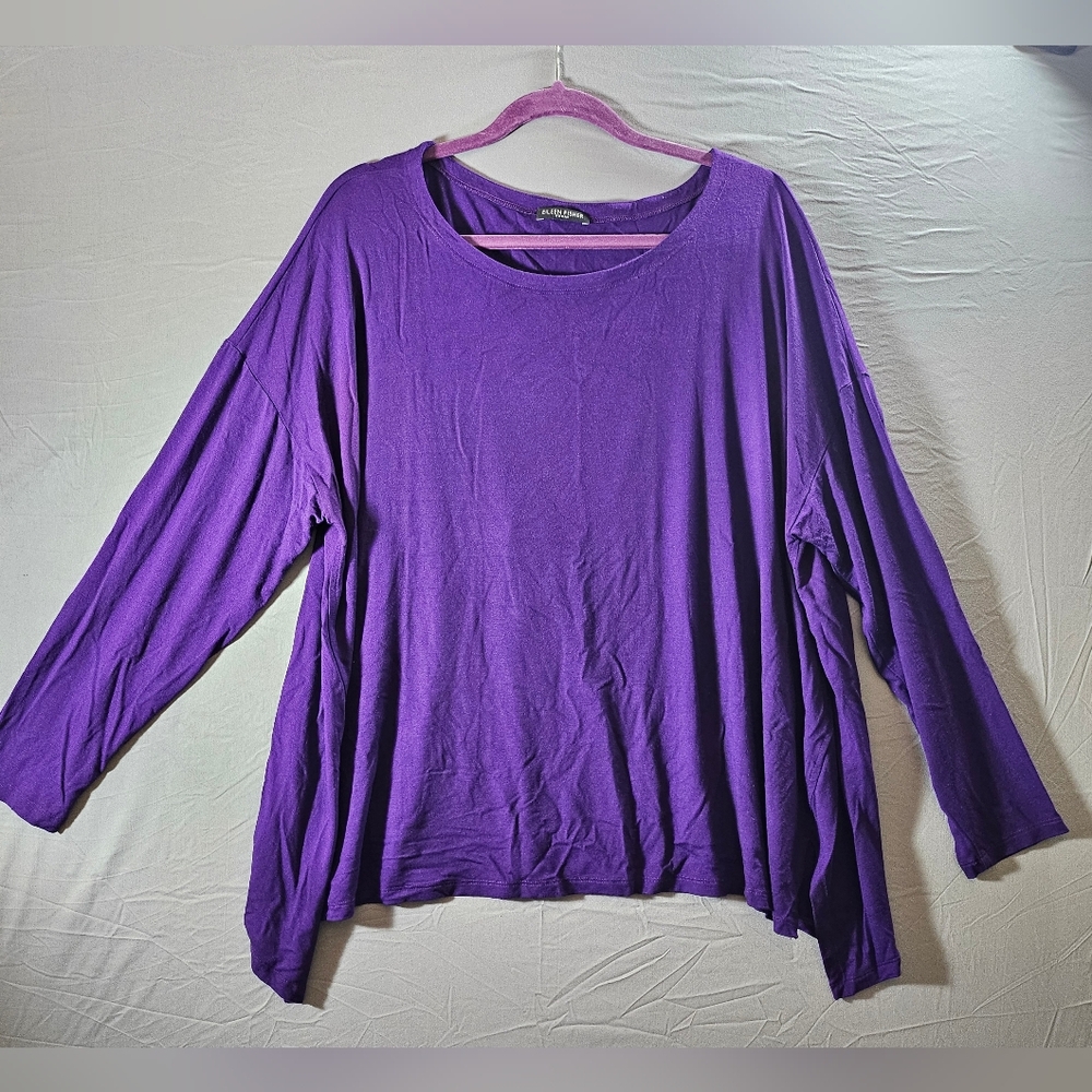 Eileen Fisher Boatneck Long Sleeve Tee 3XL Asymmetrical Hem Purple